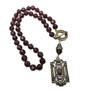 Heidi Daus Multicolor Crystal Purple Glass Bead Bronze Toggle Clasp Necklace